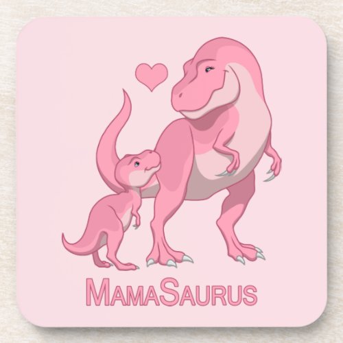 MamaSaurus T_Rex and Baby Girl Dinosaurs Drink Coaster