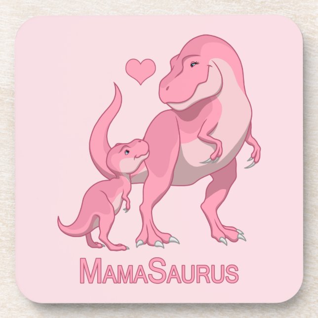MamaSaurus T-Rex and Baby Girl Dinosaurs Drink Coaster (Front)