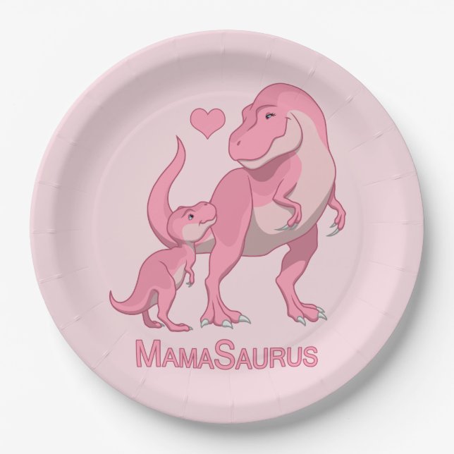 MamaSaurus T-Rex and Baby Girl Dinosaurs Paper Plates (Front)