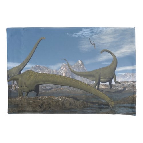 Mamenchisaurus dinosaurs herd _ 3D render Pillow Case