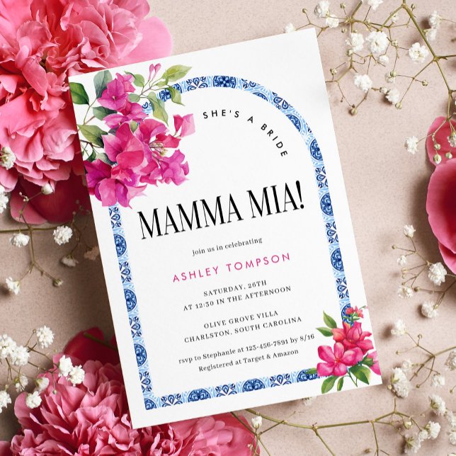 Mamma Mia Floral Blue Tile Bridal Shower Invitation (Creator Uploaded)