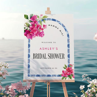 Mamma Mia Floral Blue Tile Bridal Shower Welcome Foam Board