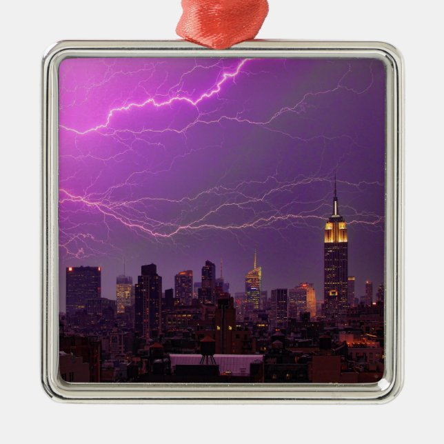 Mammoth Lightning Strike Over Midtown NYC Skyline Metal Ornament (Front)