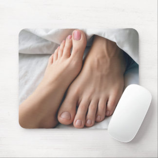 Man and a Woman's Foot On a White Bedsheet Mouse Pad