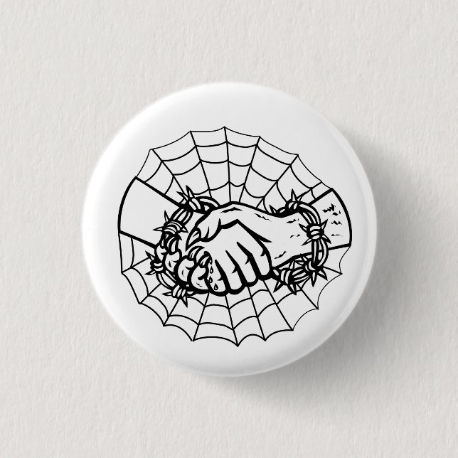Man and Devil Handshake With Barbed Wire Retro Button (Front)