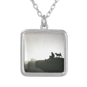 Man and Dog Bond on the Mountain Silver Plated Necklace