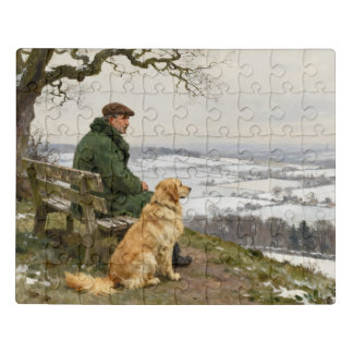 Man and Dog Enjoying English Countryside View Jigsaw Puzzle