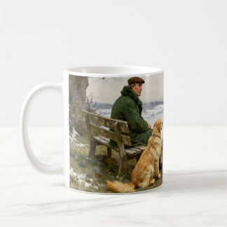 Man and Dog Enjoying Winter Countryside Vista Coffee Mug