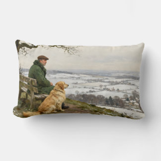 Man and Dog Enjoying Winter Countryside Vista Lumbar Pillow