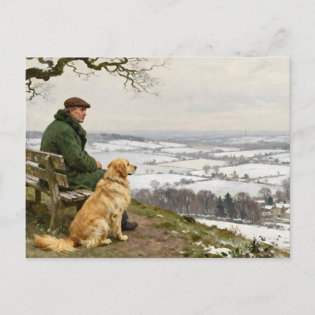 Man and Dog Enjoying Winter Countryside Vista Postcard (Front)