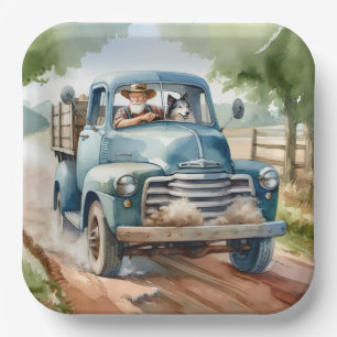 Man and Dog In Old Blue Truck Paper Plates