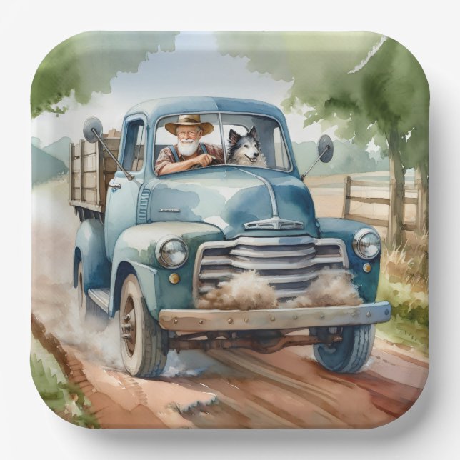 Man and Dog In Old Blue Truck Paper Plates (Front)