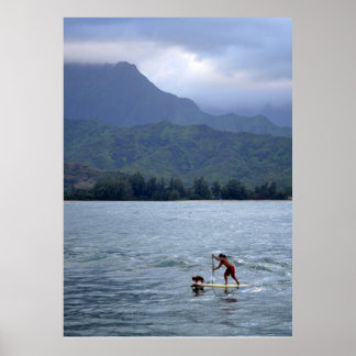 Man and Dog on Paddleboard in Hanalei Bay Poster