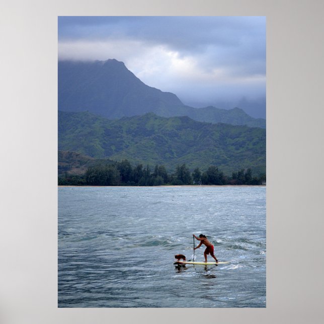 Man and Dog on Paddleboard in Hanalei Bay Poster (Front)