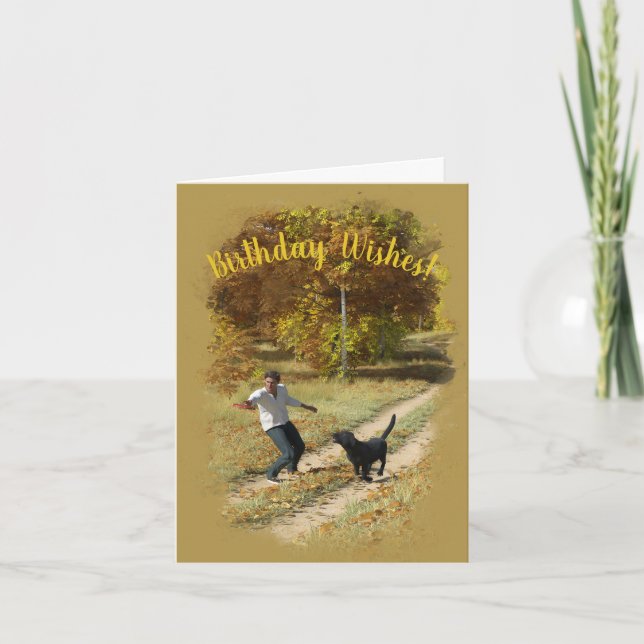Man and Dog Playing Frisbee Birthday Card (Front)