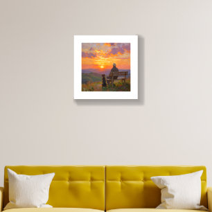 Man and Dog Watching Sunset on Bench Canvas Wall  Foam Core Photo Tile
