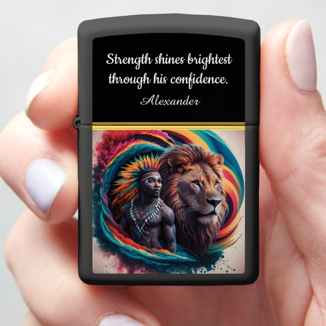 Man and lion's vibrant bond in nature zippo lighter (In Hand)