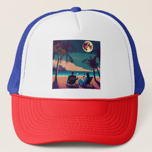 man and mistress drinking wine on tropical beach trucker hat