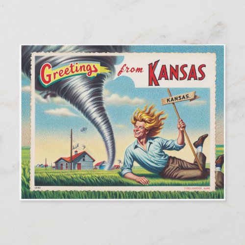 Man and Tornado Greetings From Kansas Postcard