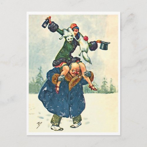 Man and woman celebrating New year funny vintage Postcard