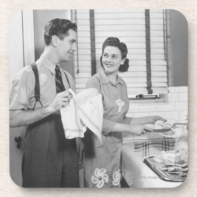 Man and Woman Doing Dishes Drink Coaster (Front)