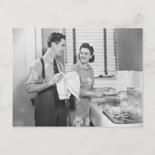Man and Woman Doing Dishes Postcard