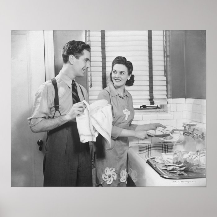 Man and Woman Doing Dishes Print