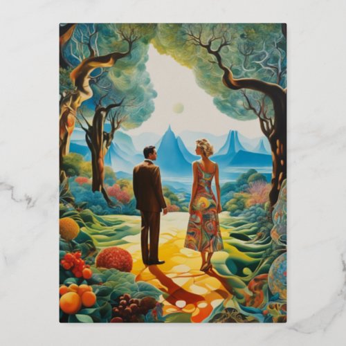 Man and Woman in the Garden of Eden Foil Holiday Postcard
