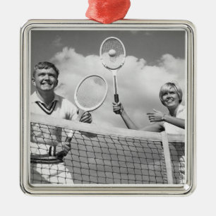 Man and Woman Playing Tennis Metal Ornament