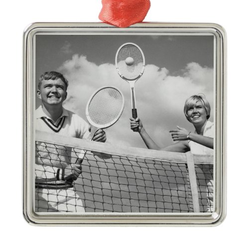 Man and Woman Playing Tennis Metal Ornament