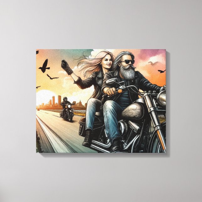 Man and Woman Riding Motorcycle on Highway Canvas Print (Front)
