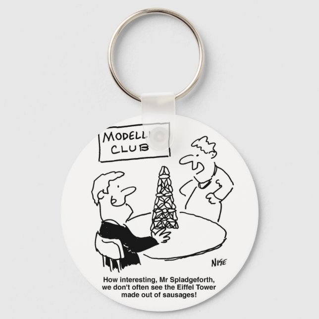 Man at Modeling Club makes an Eiffel Tower. Funny Keychain (Front)