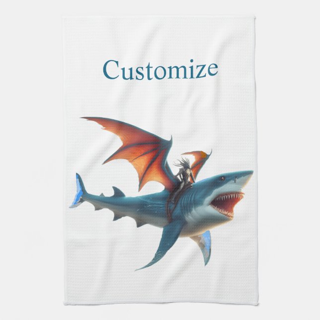 Man-Bat Riding Scary Shark Thunder_Cove Kitchen Towel (Vertical)
