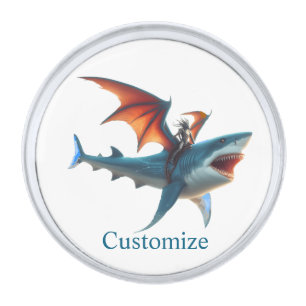 Man-Bat Riding Scary Shark Thunder_Cove Silver Finish Lapel Pin
