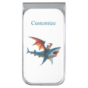 Man-Bat Riding Scary Shark Thunder_Cove Silver Finish Money Clip
