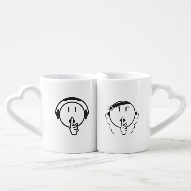 Man Be Quiet His and Hers white coffee mugs. Coffee Mug Set (Front Nesting)