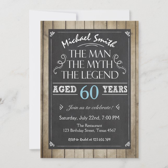 Man Birthday invitation Chalkboard Rustic Adult (Front)