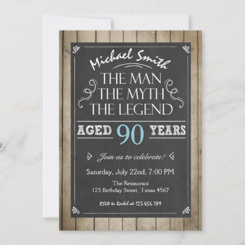 Man Birthday invitation Chalkboard Rustic Adult 90