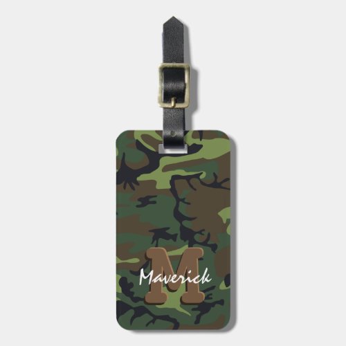Man Camouflage Monogram Travel Luggage Tag - Stand out at the airport with this military themed bag tag! A cool man travel luggage tag featuring a camouflage background, initial, name, and contact details on the reverse.