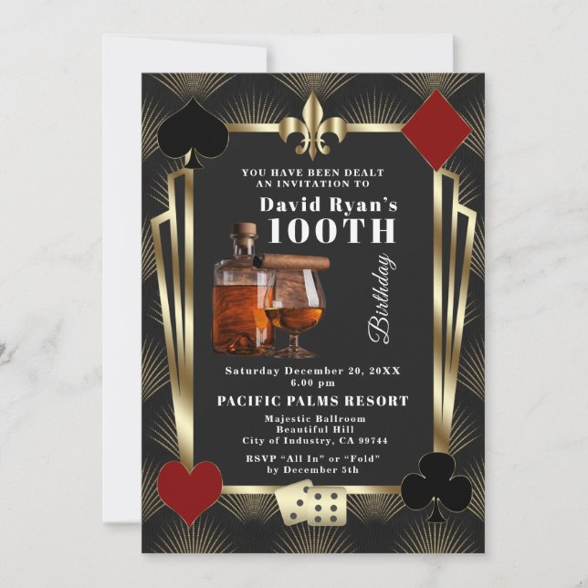 Man Casino Cognac And Cigar 100th Birthday Party  Invitation (Front)