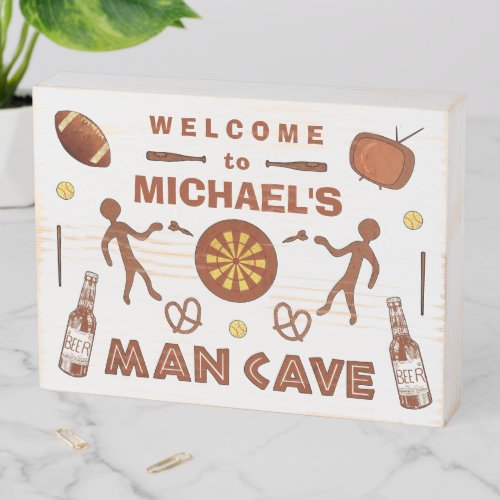 Man Cave Beer Sports TV Pretzels Funny Custom Name Wooden Box Sign