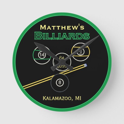 Man Cave Billiards Pool Wall Clock for Game Room
