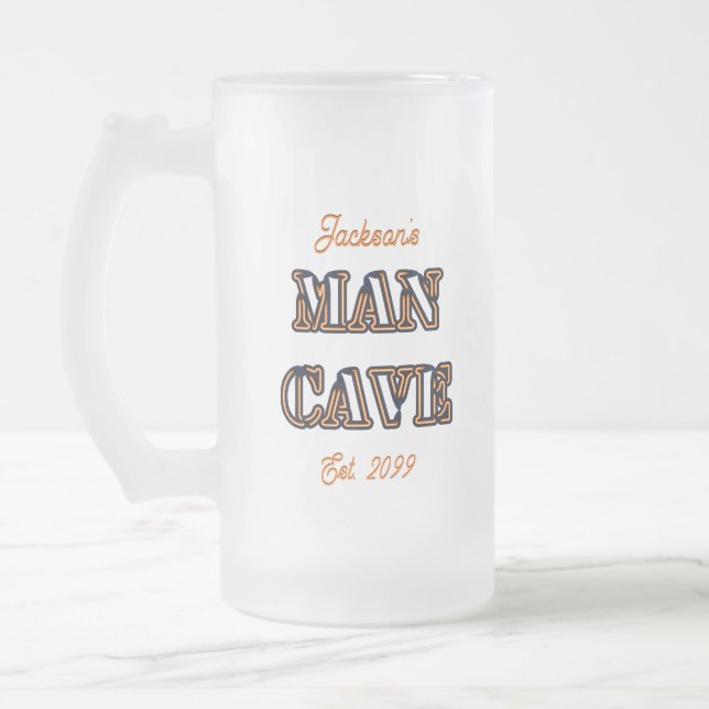 Man Cave Burned Text Effect Frosted Beer Mug Glass (Left)