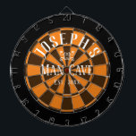 Man Cave Custom Name Dart Board<br><div class="desc">Colored background with custom name and man cave in the center of the board. Other colors available in the shop. Orange</div>