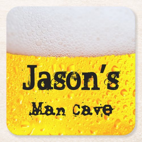 Man Cave Funny Frothy Beer Enter Your Own Name Square Paper Coaster
