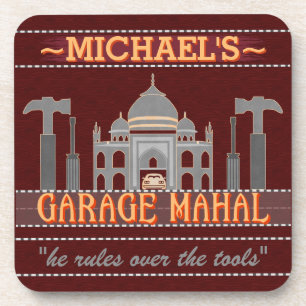 Man Cave Funny Garage Mahal Red   Custom Name Drink Coaster