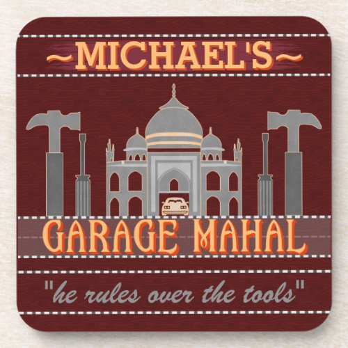 Man Cave Funny Garage Mahal Red  Custom Name Drink Coaster