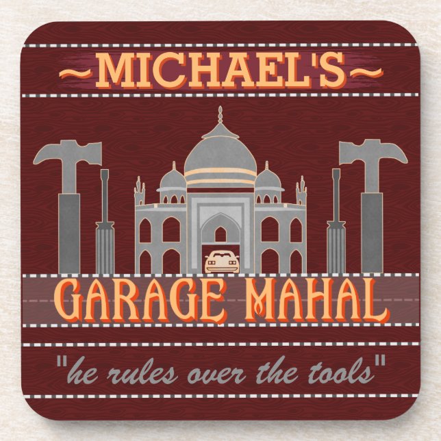 Man Cave Funny Garage Mahal Red | Custom Name Drink Coaster (Front)