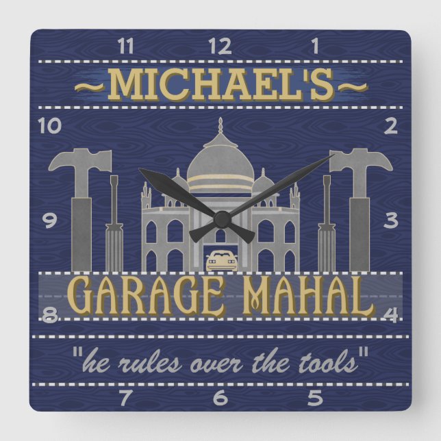 Man Cave Funny Garage Mahal Tools | Custom Name Square Wall Clock (Front)
