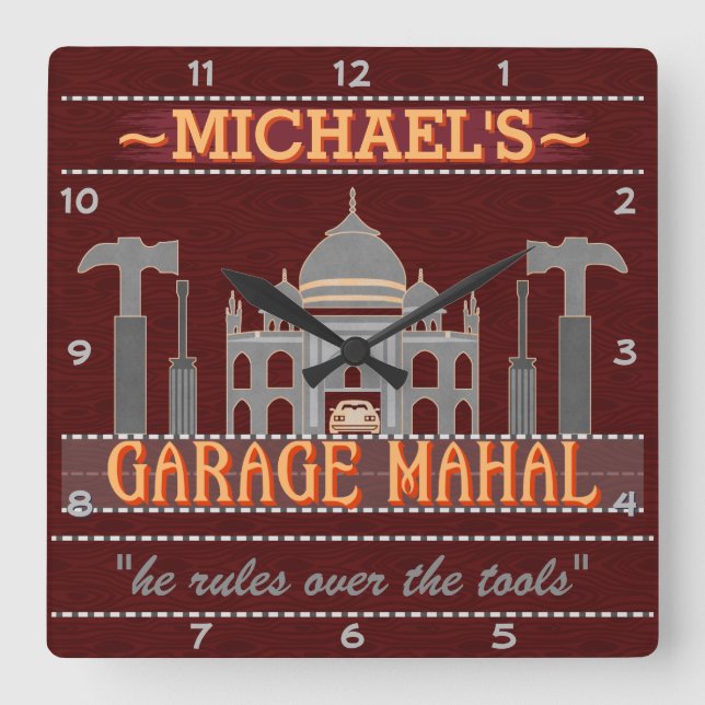 Man Cave Funny Garage Mahal Tools | Custom Name V2 Square Wall Clock (Front)